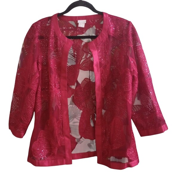 Chico's Travelers Embellished Jacket Deep Red Open Front Mesh‎ Sequin Small - Picture 1 of 6